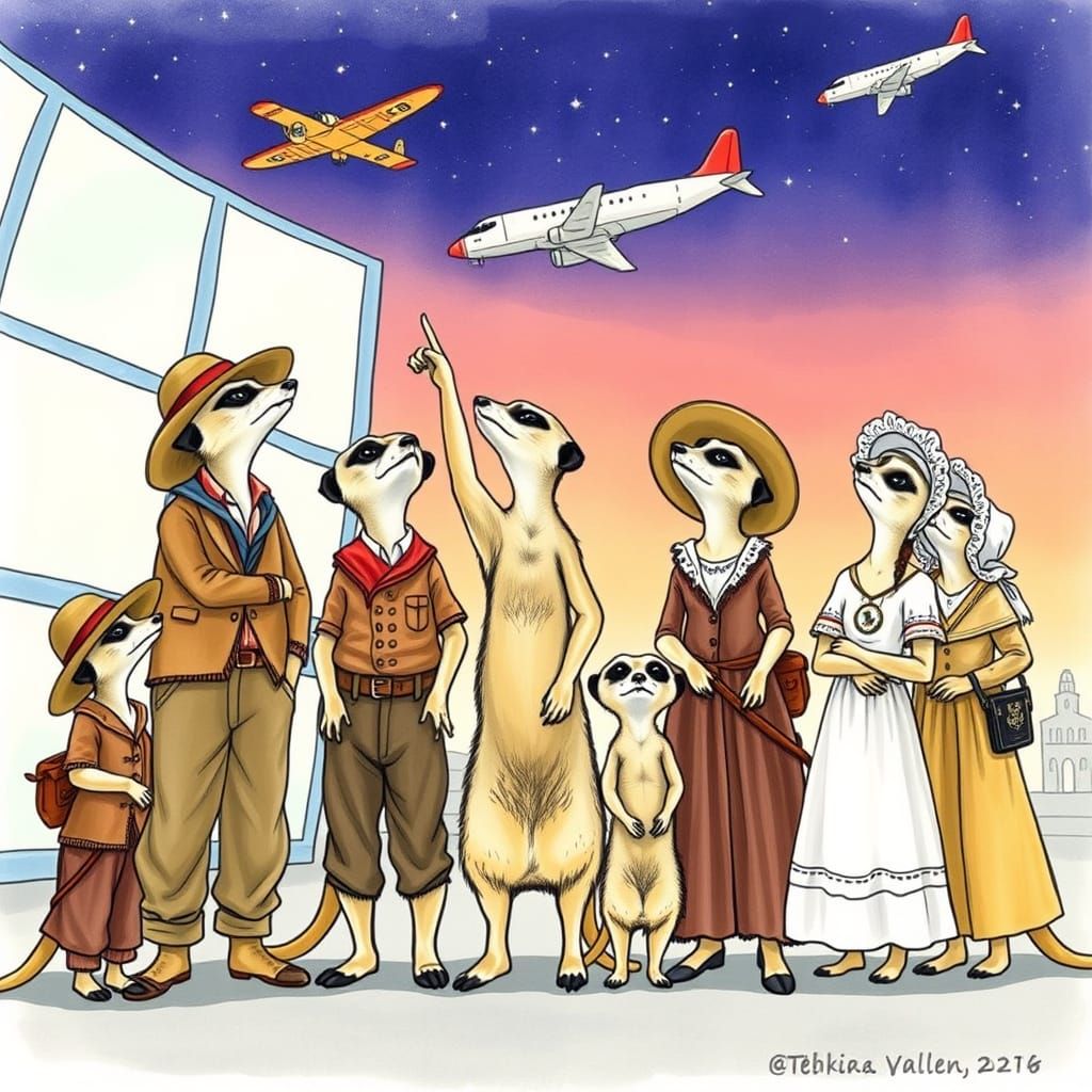 Meerkat Family at Air and Space Museum, Whimsical Illustrati...