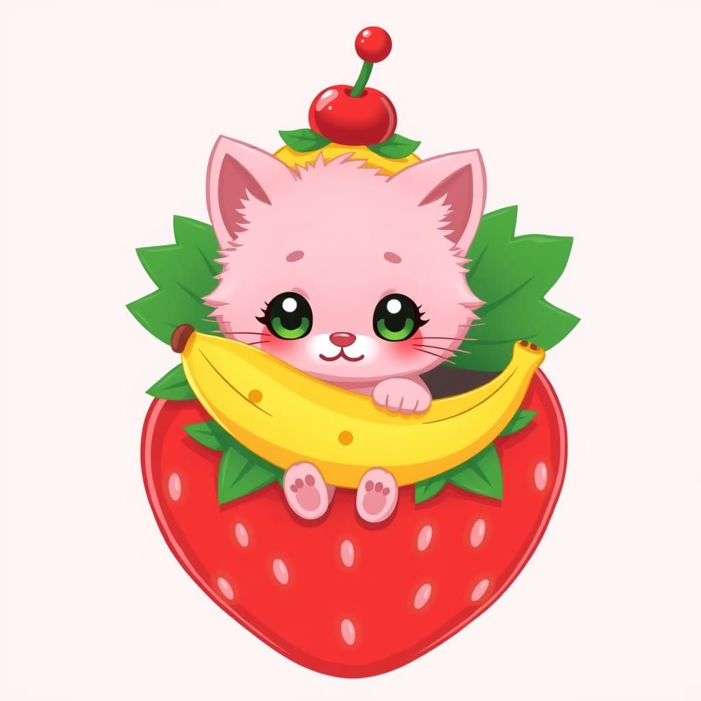 Whimsical Kitten in a Giant Strawberry