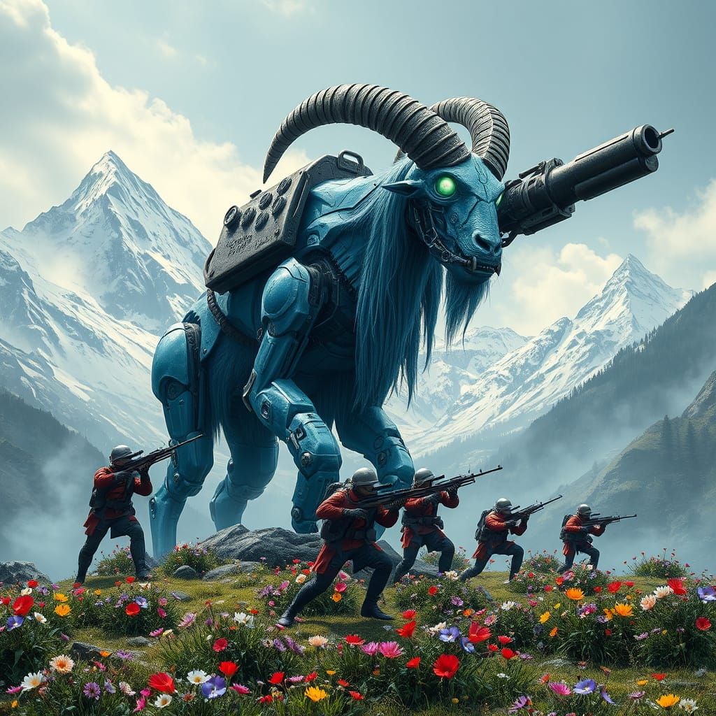 Mechanized Ice-Blue Zombie Battle Goat Ascends Steampunk Mou...