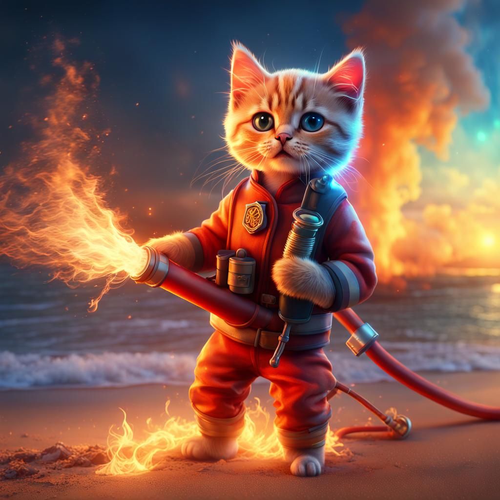 Kitten Firefighter Quenches Beach Inferno: Digital Art