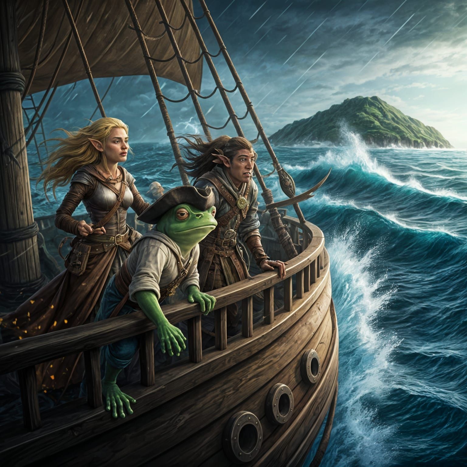 D&D Party Navigating a Magical Stormy Sea