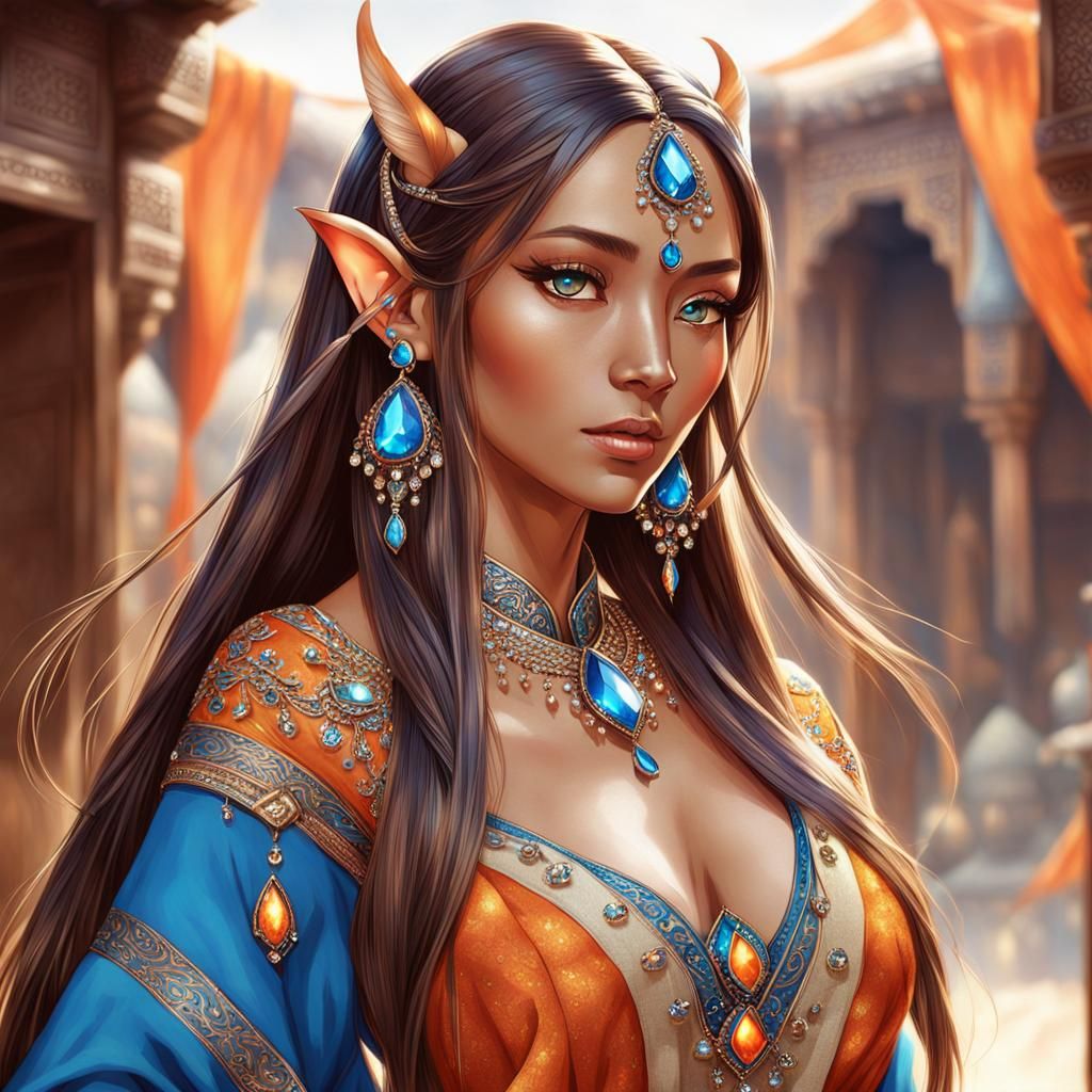 Oriental Elf with Jeweled Ears in Traditional Clothing