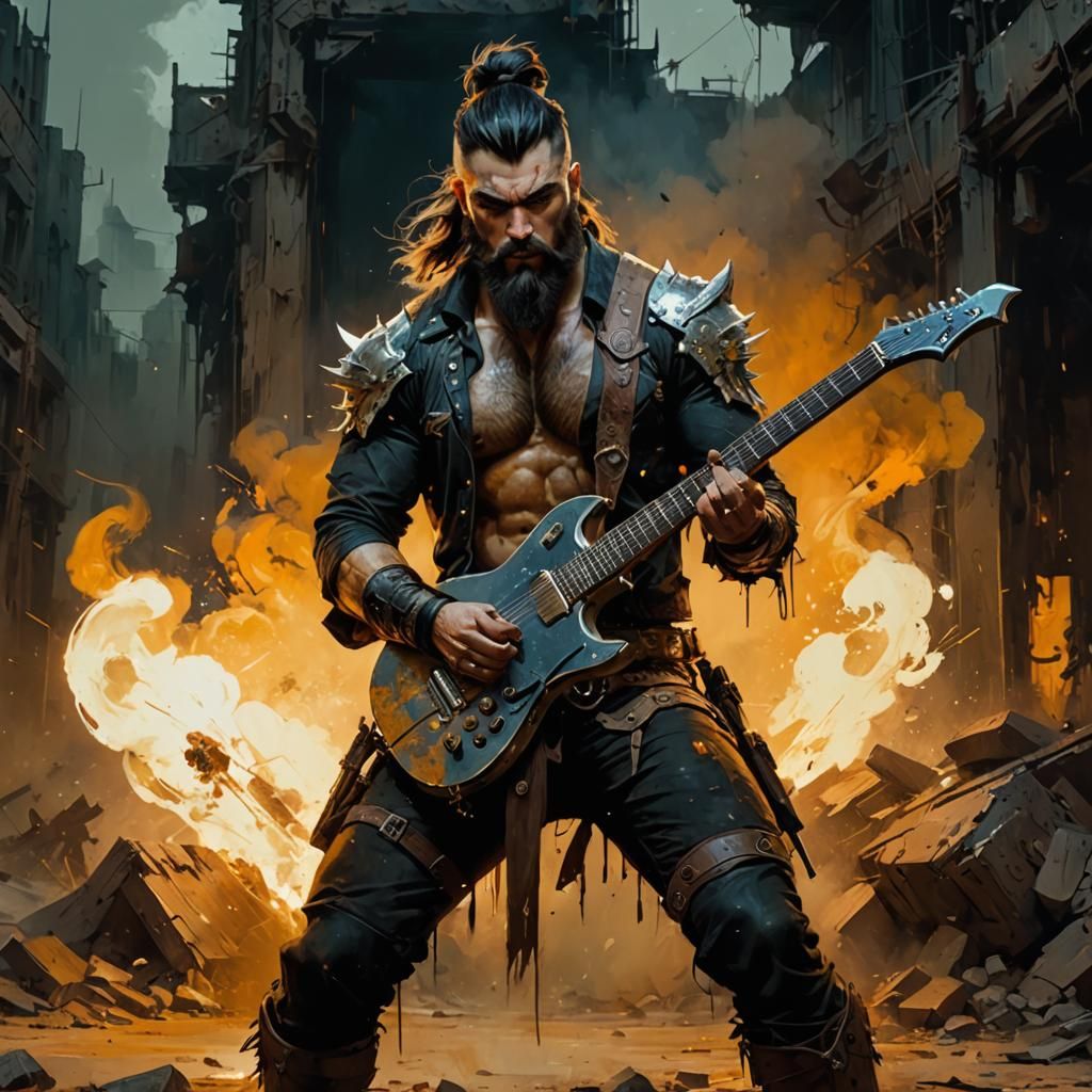 Punk Warrior Guitarist in Wasteland, Fantasy Art