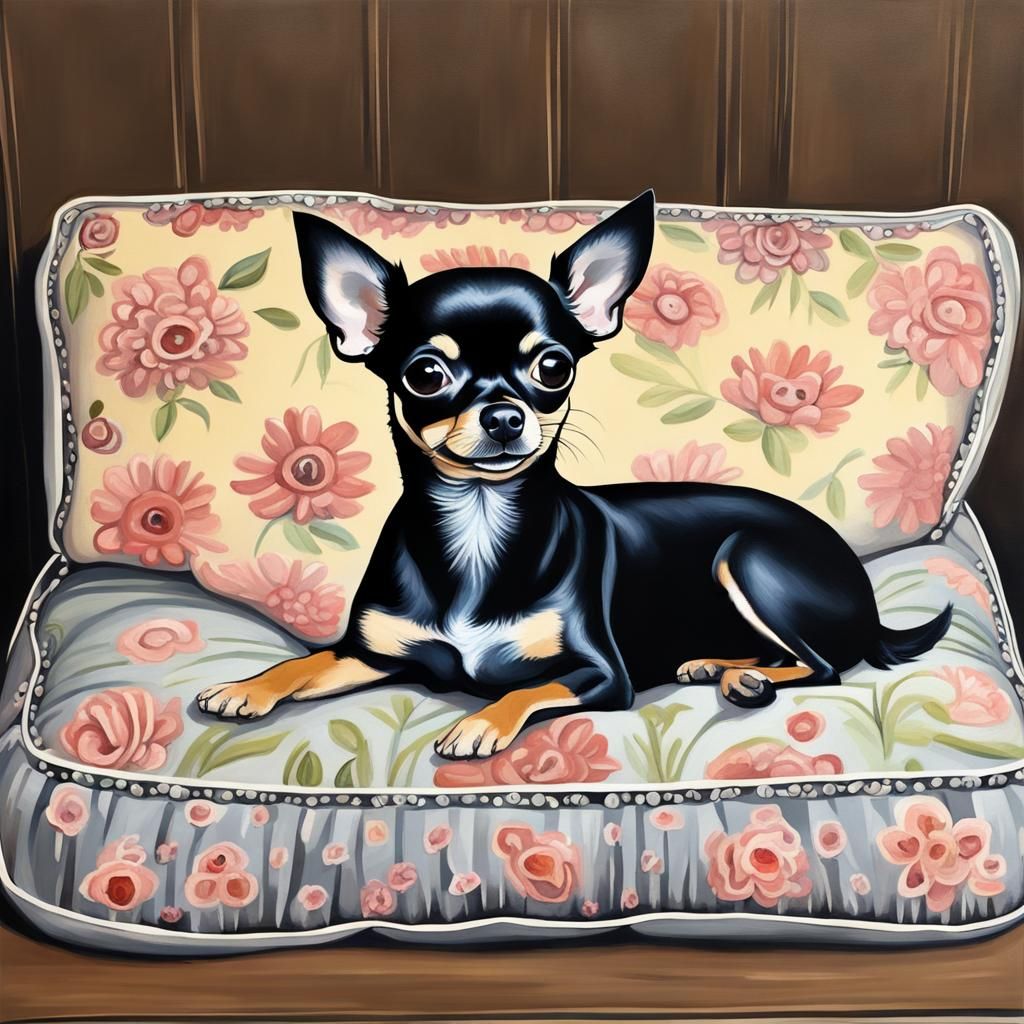 Detailed Painting of a Black Chihuahua on Dog Bed
