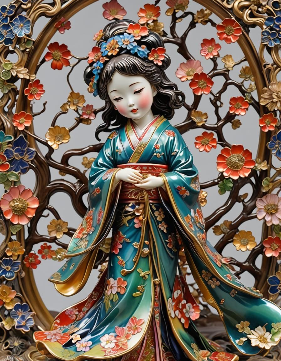 Art Nouveau Statue of Girl in Kimono