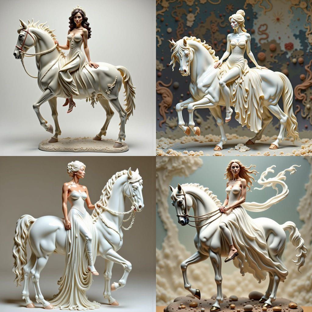 Beautiful Woman Riding Glass Ceramic Horse in Silk Dress
