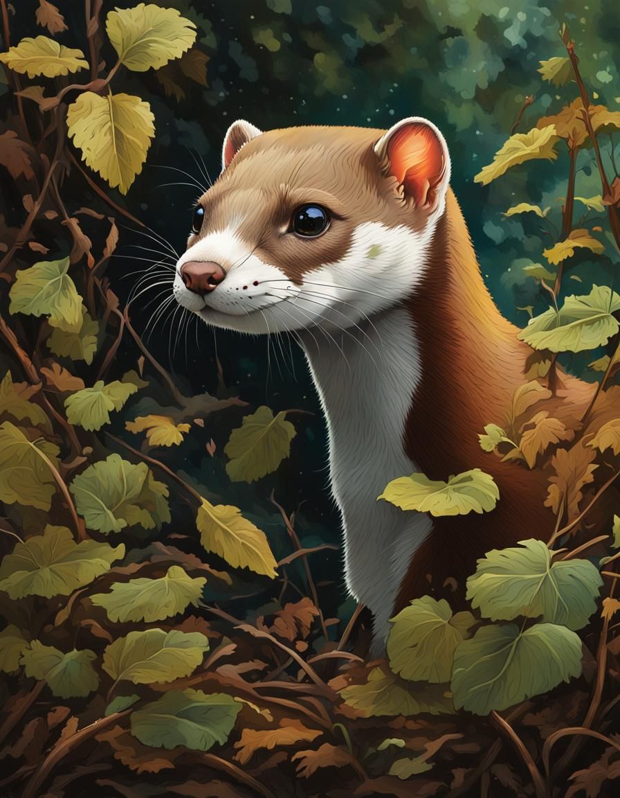 Stoat Peering Through Brambles: Hyperrealistic Digital Portr...