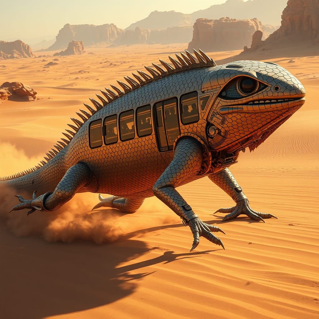 Futuristic Metallic Lizard Bus Gliding Through Desert