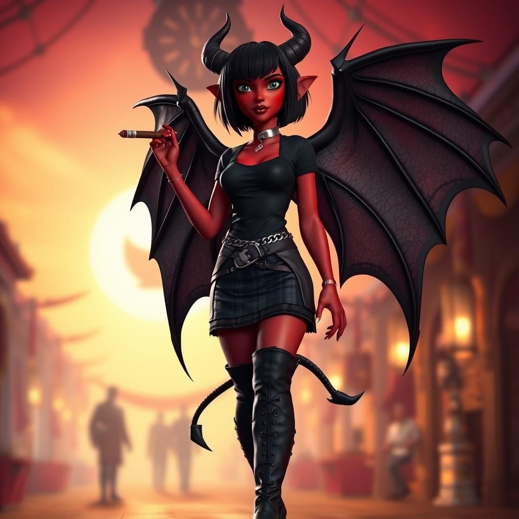 Crimson Demon in Bazaar, Pixar-Inspired 3D Art