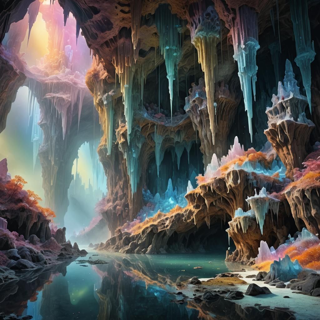 Ethereal Crystal Grotto: A Surreal Fantasy Landscape