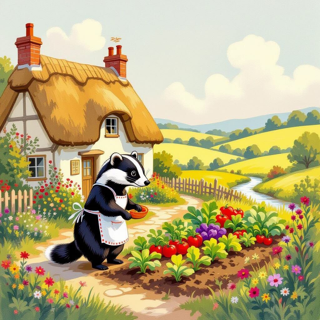 Badger Tending Garden by Rural Cottage in Golden Light