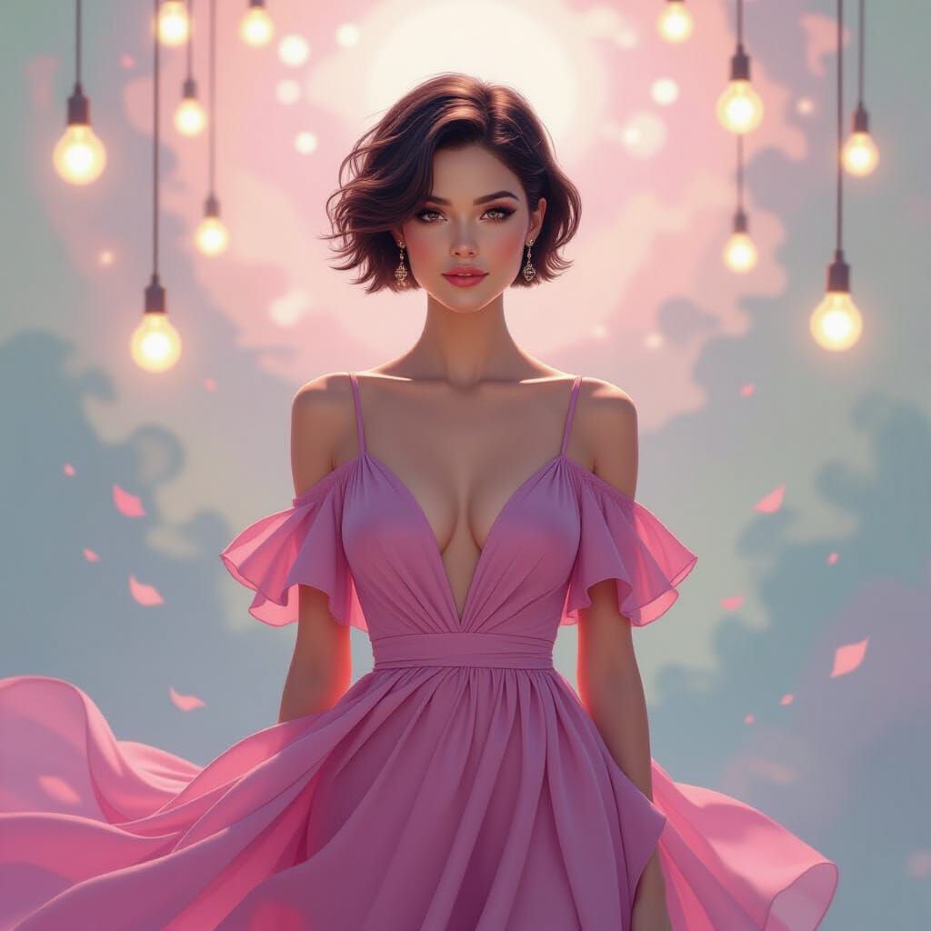 Cosmic Woman with Pixie Hair in Dreamy Landscape