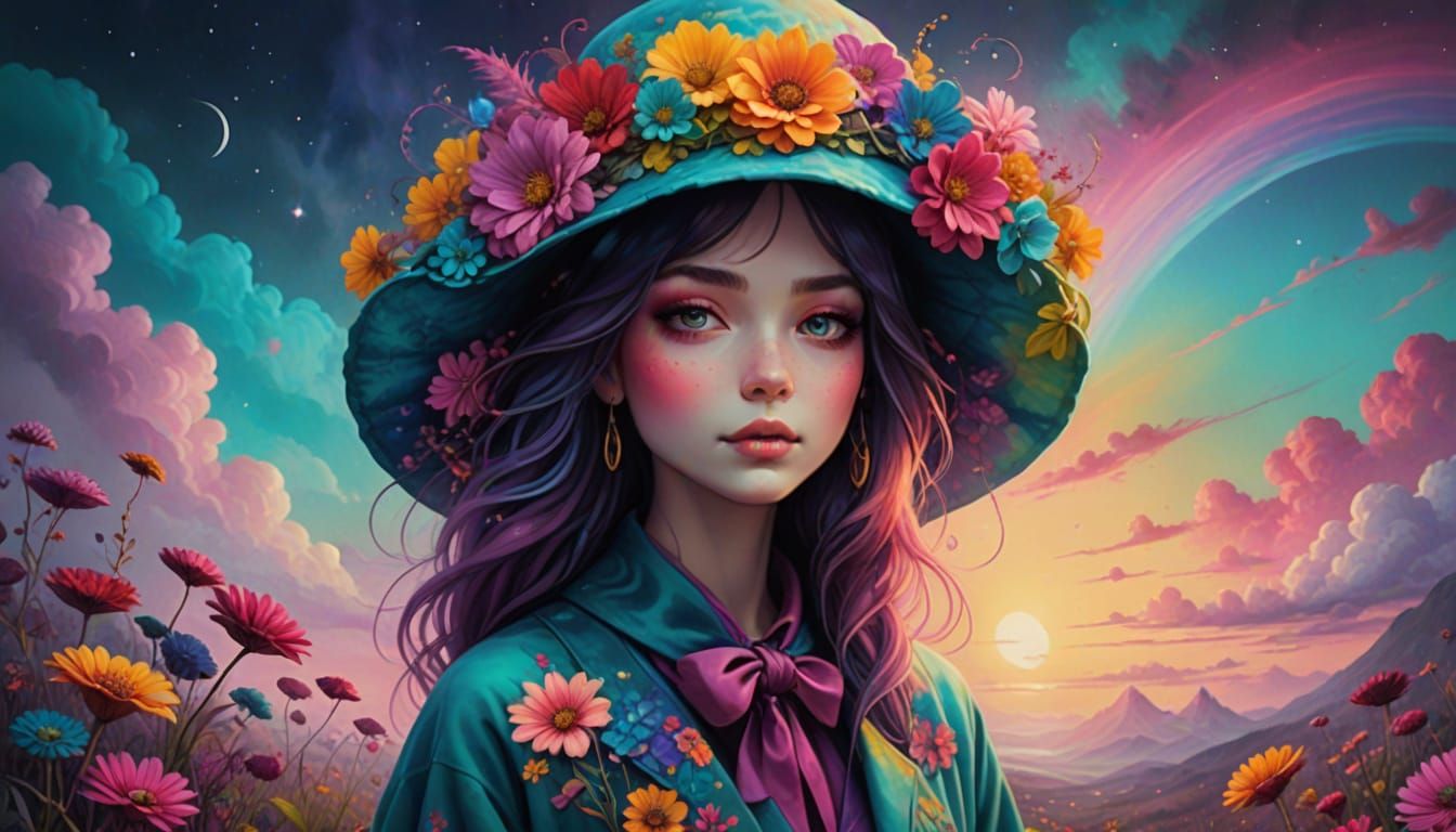 Whimsical Boho Woman in Dreamy Landscape