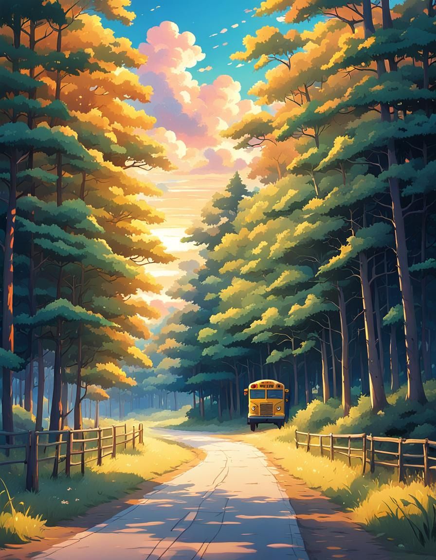 Yellow School Bus in 90s Anime Sunset