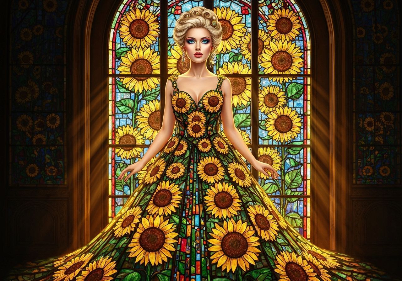 Woman in Stained Glass Sunflower Gown