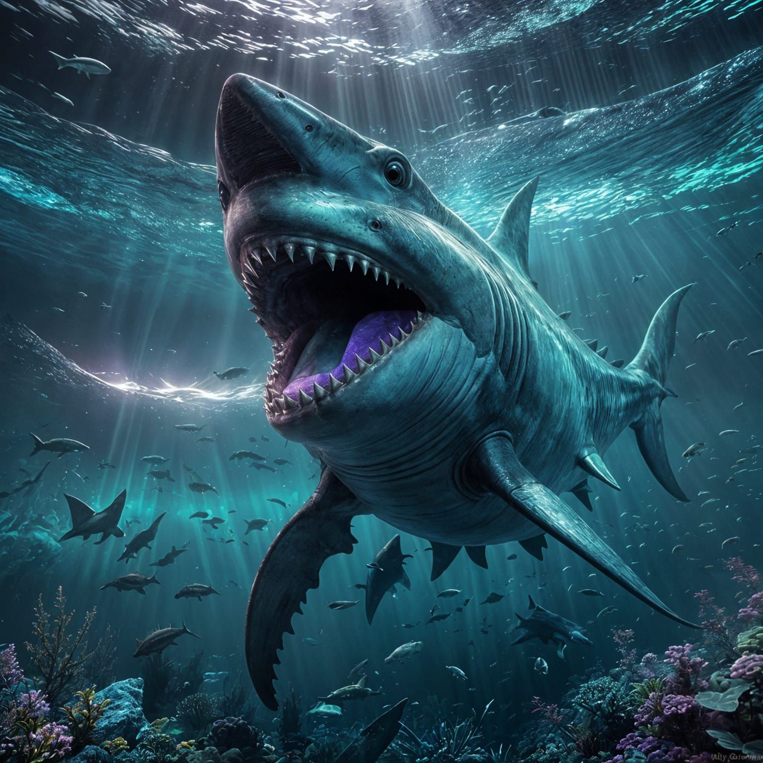 Ethereal Megalodon Shark in Cyberpunk Deep Ocean