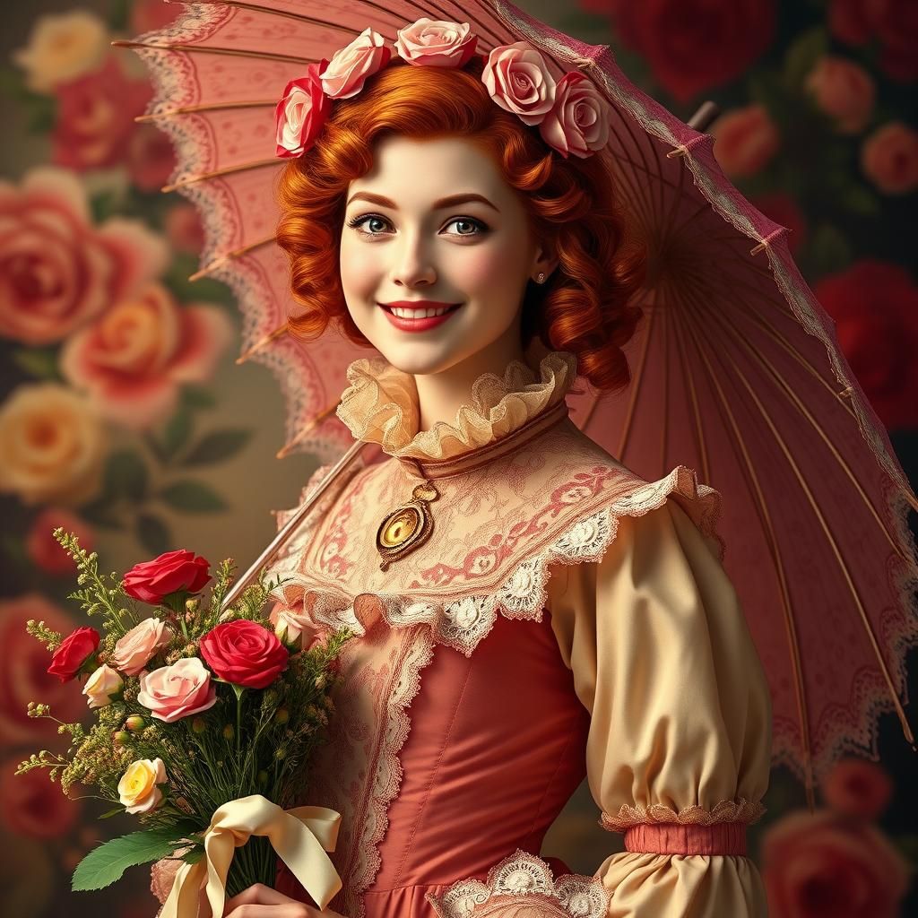 Redhead in XIX Century Dress with Flowers
