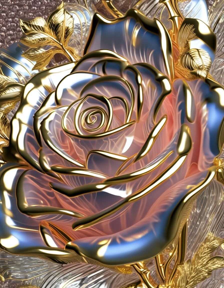 Translucent Ice Rose with Gold Fractal Trim