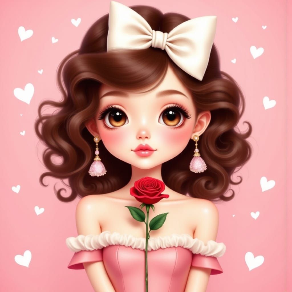 Cartoon Girl with Rose in Cute Pop Surreal Style