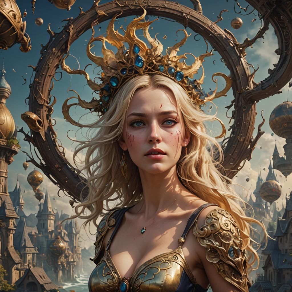 Slender Blonde Woman Blowing Kiss: Detailed Matte Painting