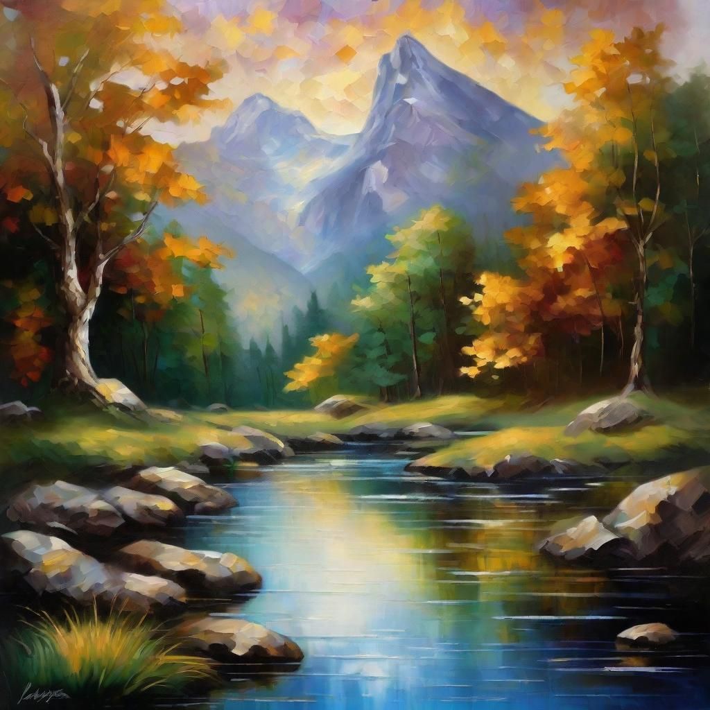 Baroque River Scene with Mountains and Gold Accents