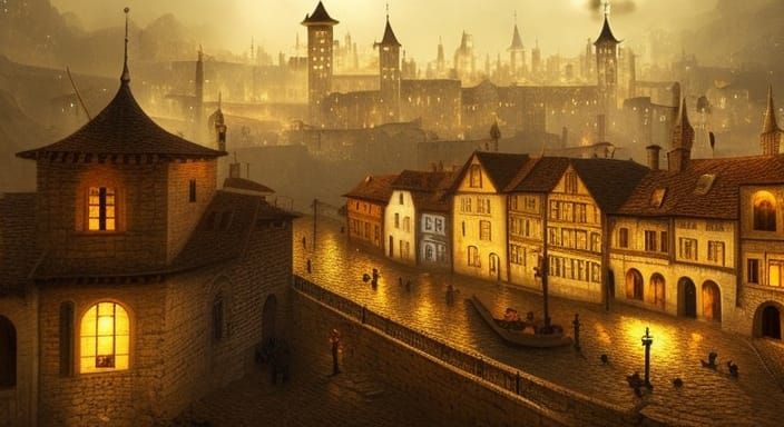Medieval town sunset