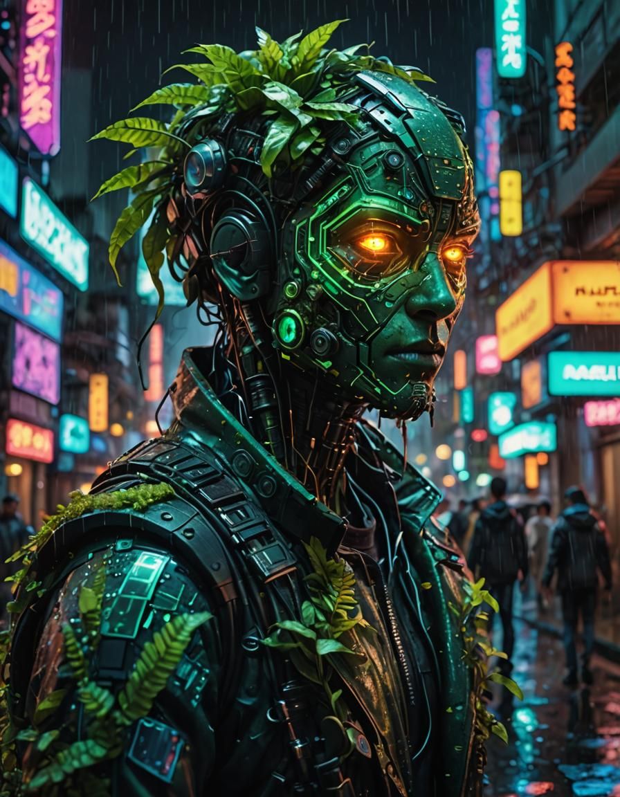 a mutant person made of plants and integrated circuits in a futuristic biopunk city at night while it rains with neon li...