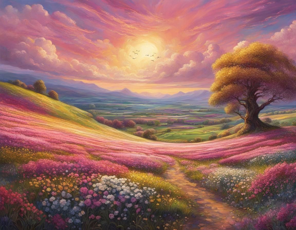 Ethereal Spring Fantasy Landscape in Poster Art Style