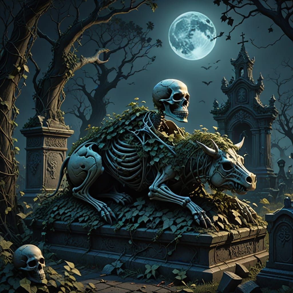 Skeleton Rider Rises from Grave in Misty Moonlight