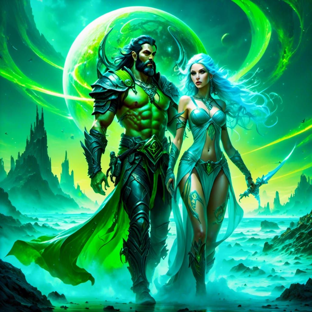 Elf Sorceress and Orc Warrior on Alien Planet