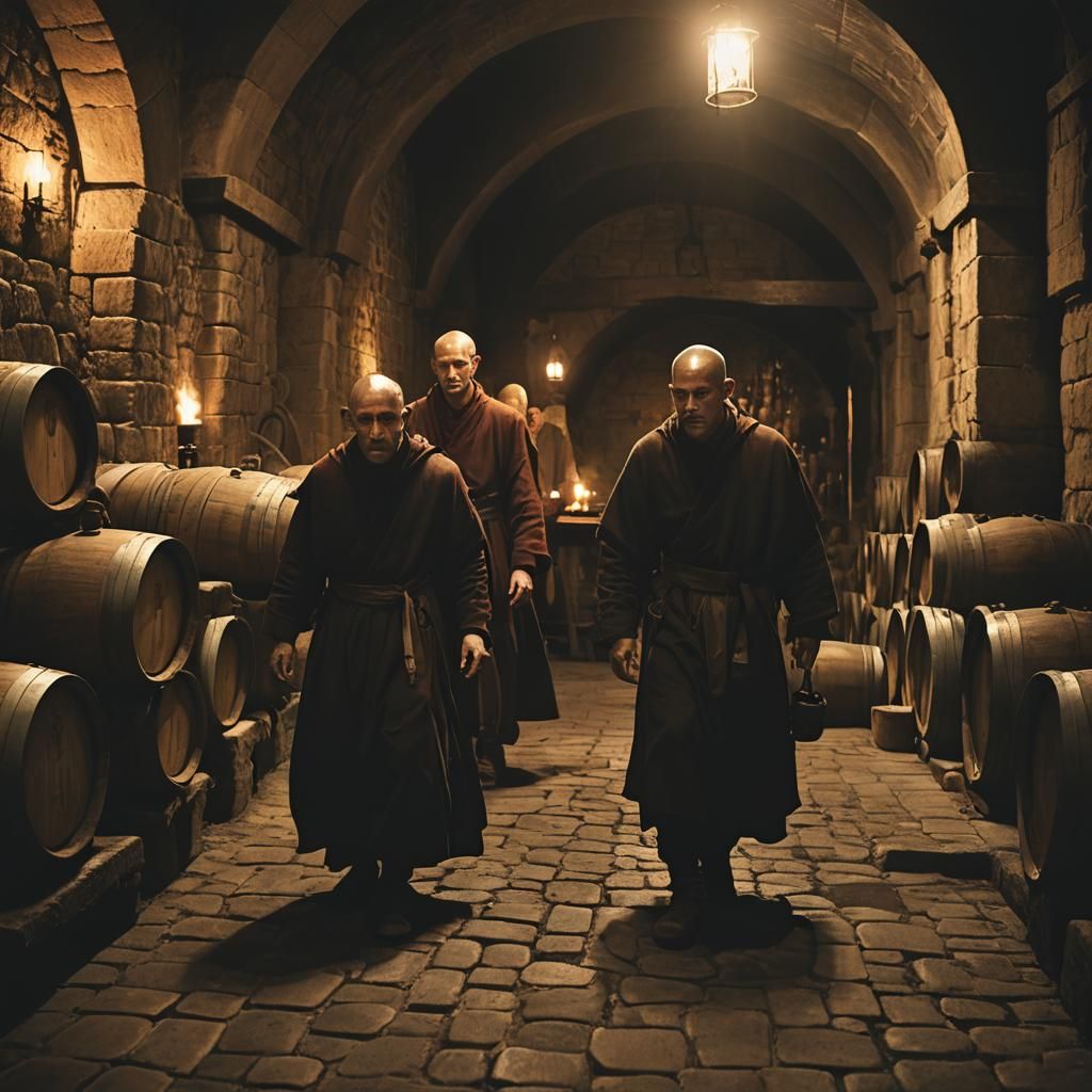 Monks in Dimly Lit Wine Cellar with Torches