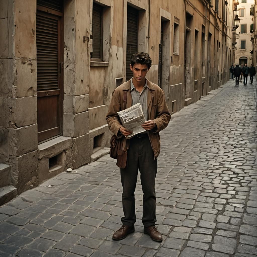Neorealist Image of a Newspaper Seller in Rome