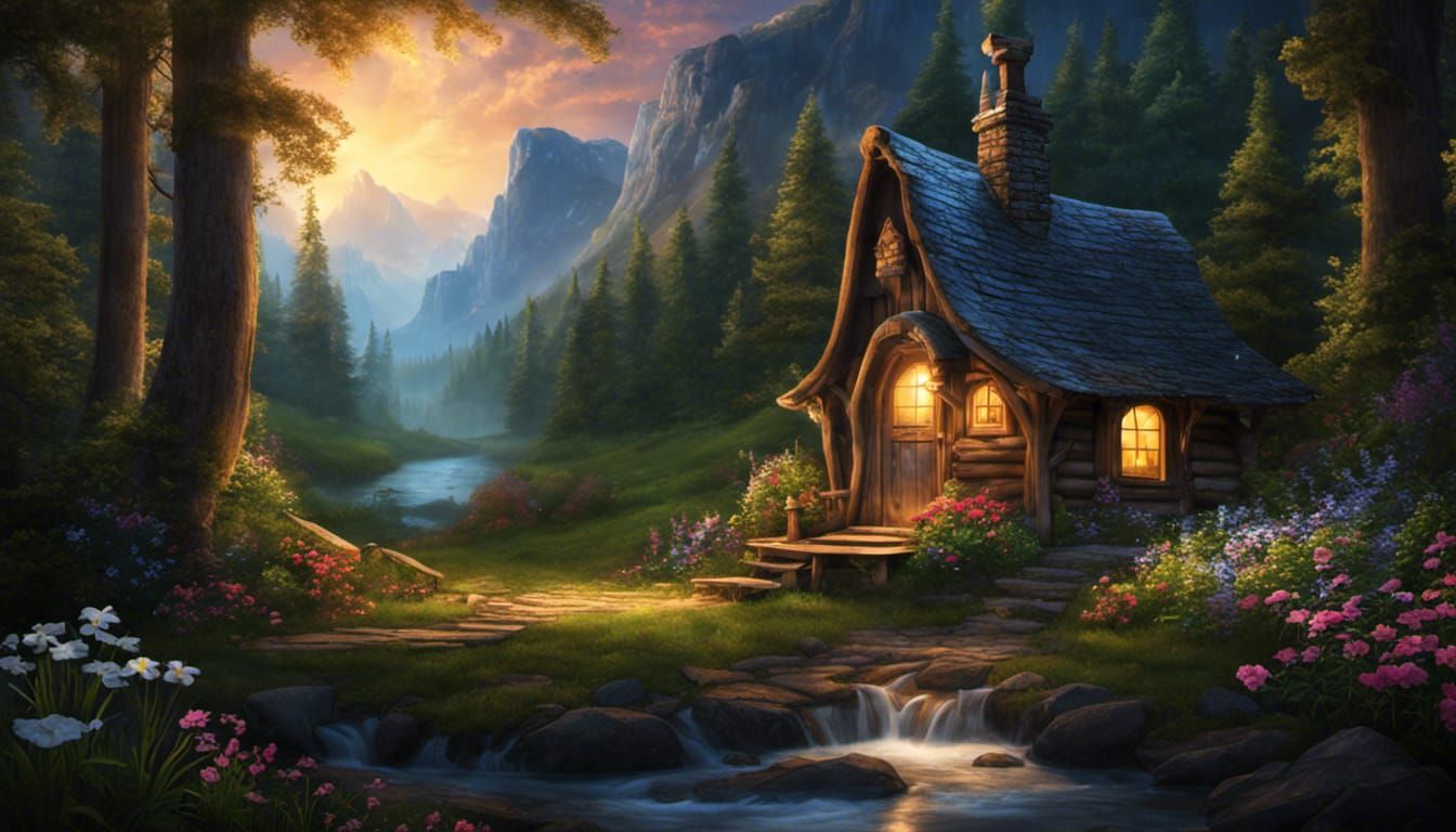 Fairytale Cabin Beside Waterfall with Galaxy Arch