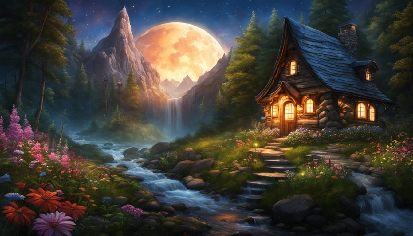 Fairytale Cabin Under Galaxy Arch at Night