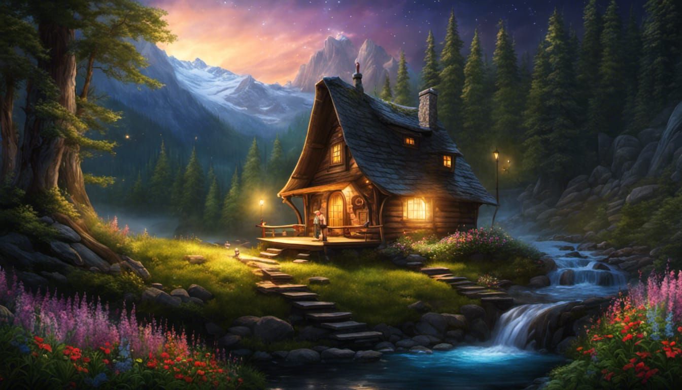Fairytale Cabin with Galaxy Arch, Fantasy Art