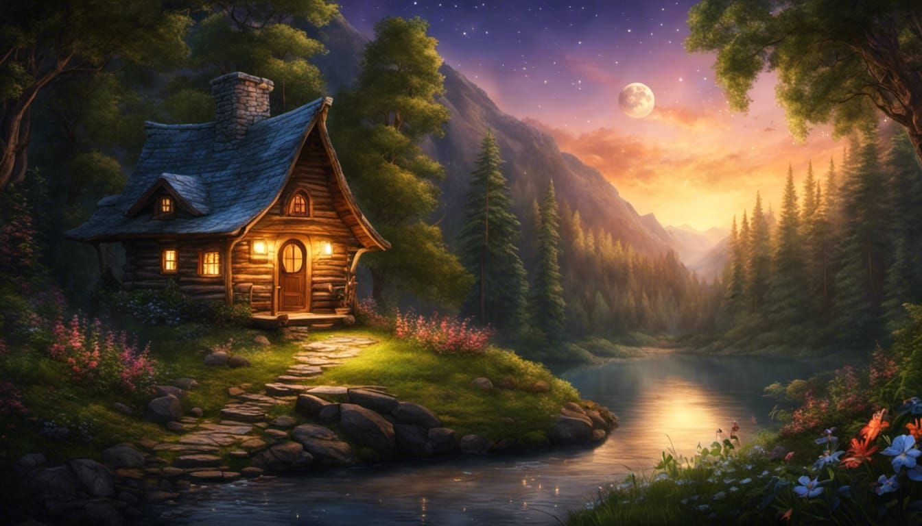 Fairytale Cabin with Galaxy Arch, Digital Art