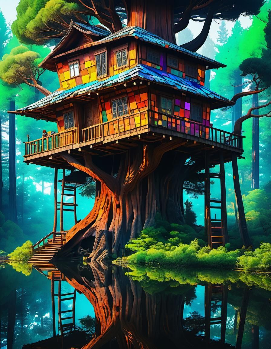 Mosaic Treehouse in Gnarled Sequoia, Watercolor Style