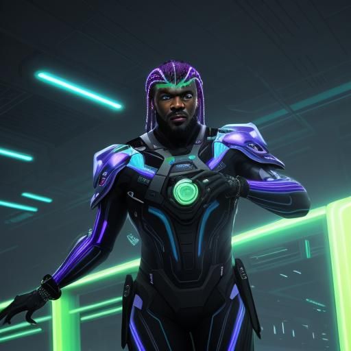 Jamaican Space Pimp in Futuristic Neon Space Station