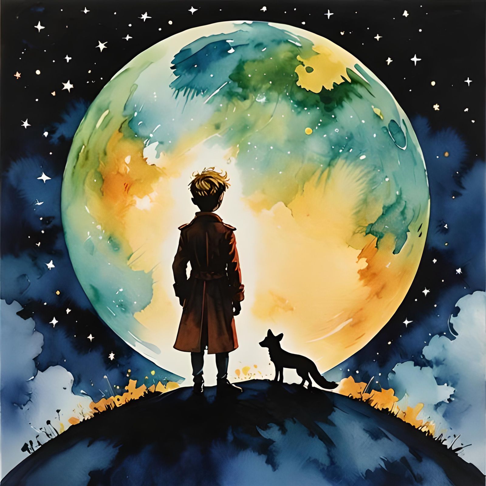 Little Prince and Fox Stargazing: Watercolour Graffiti Art