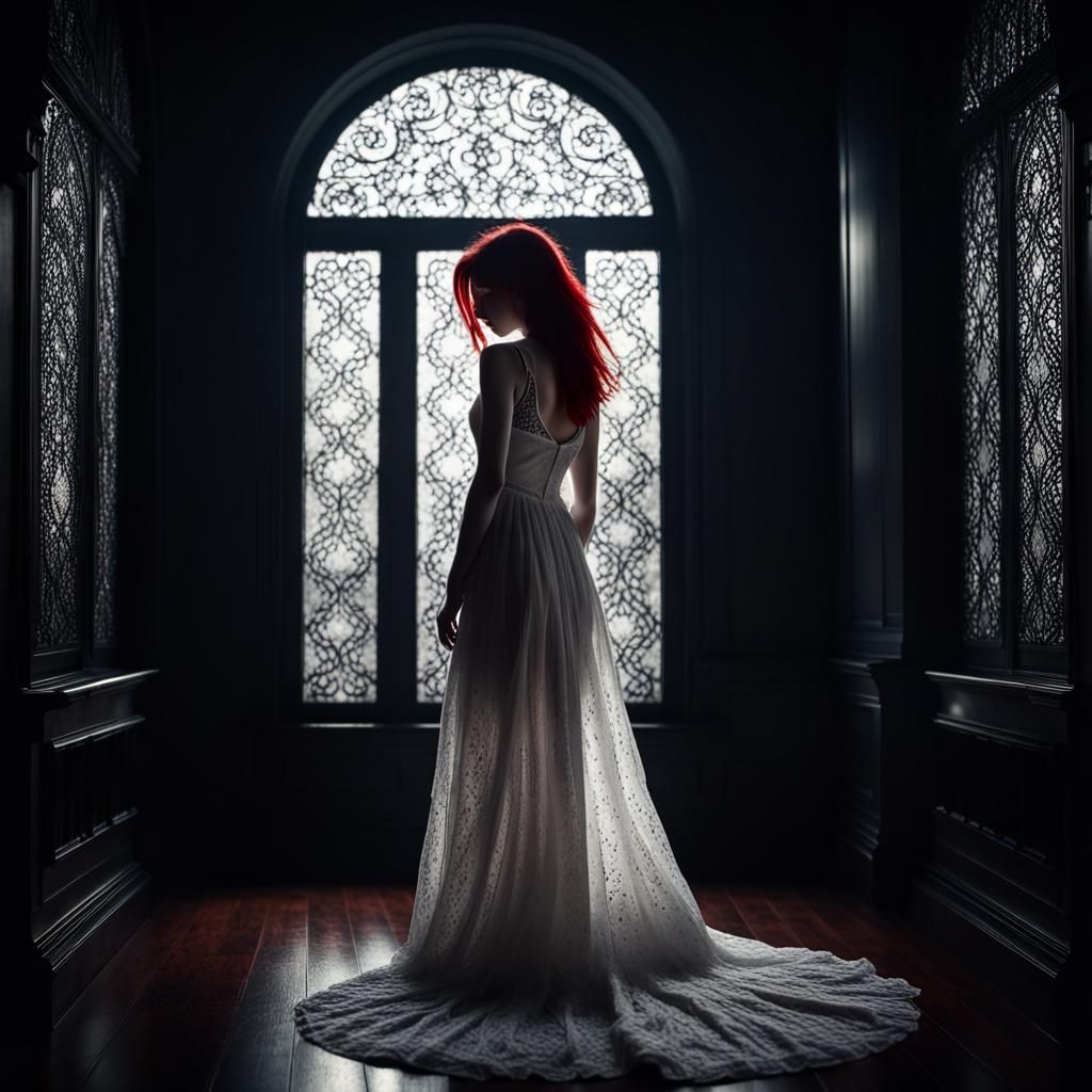 Sad Girl with Red Hair in Silhouette