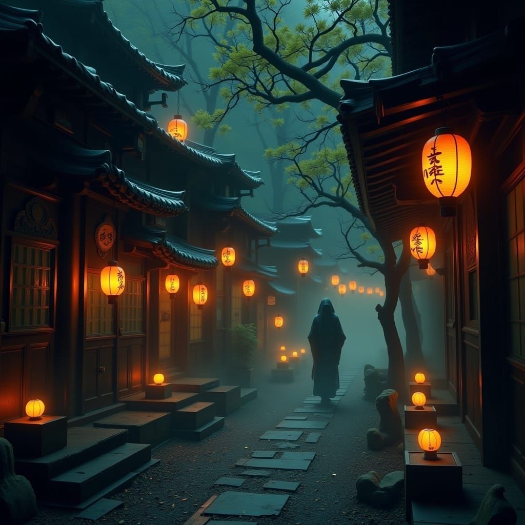 A haunted Japanese teahouse with lanterns hung in old Kyoto,...