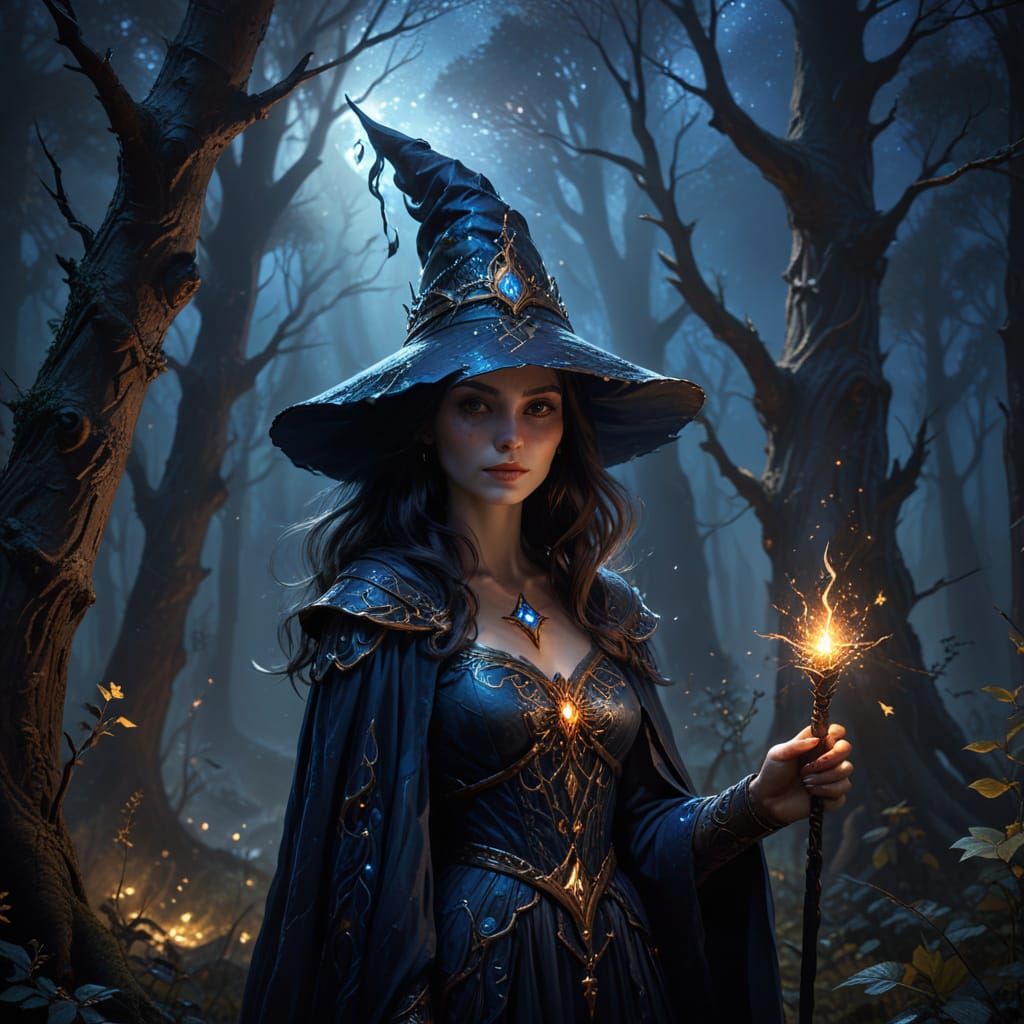 Dark Witch Enchants with Triadic Colors in Eerie Forest