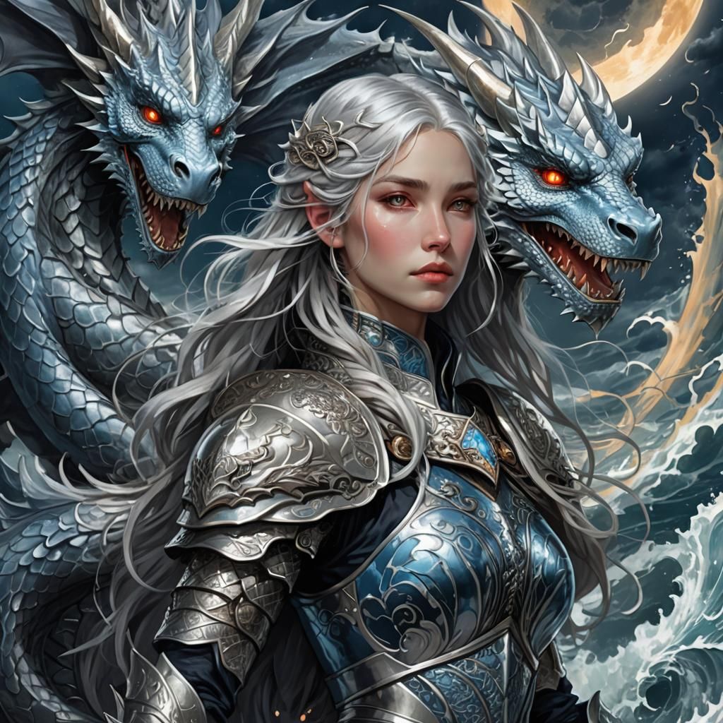 Targaryen Maiden on Silver Dragon, Dark Fantasy Art