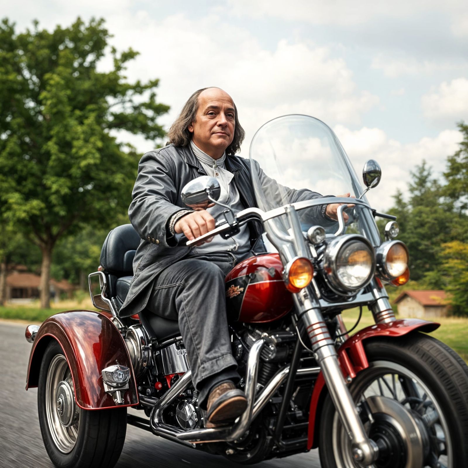 Benjamin Franklin Riding a Vintage Harley-Davidson Trike