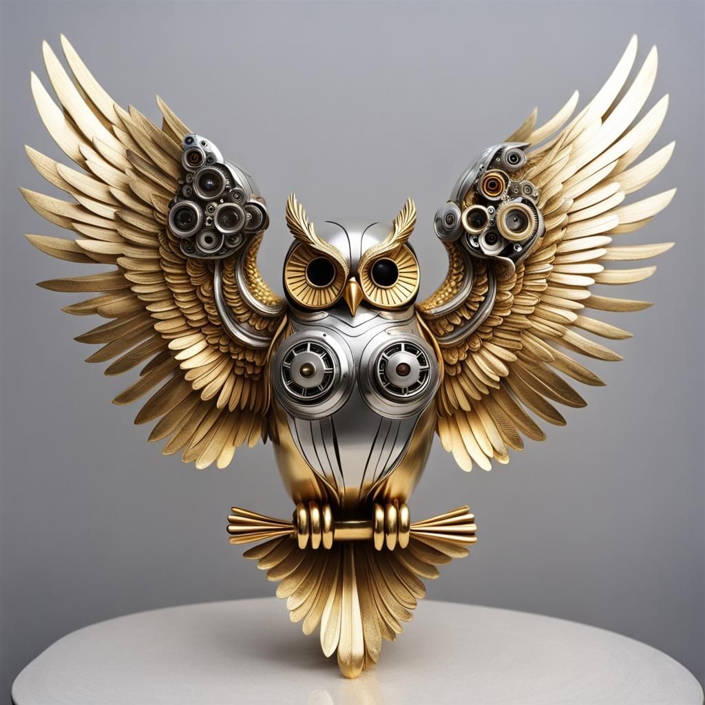 Gold Owl Sculpture with Steampunk Engine
