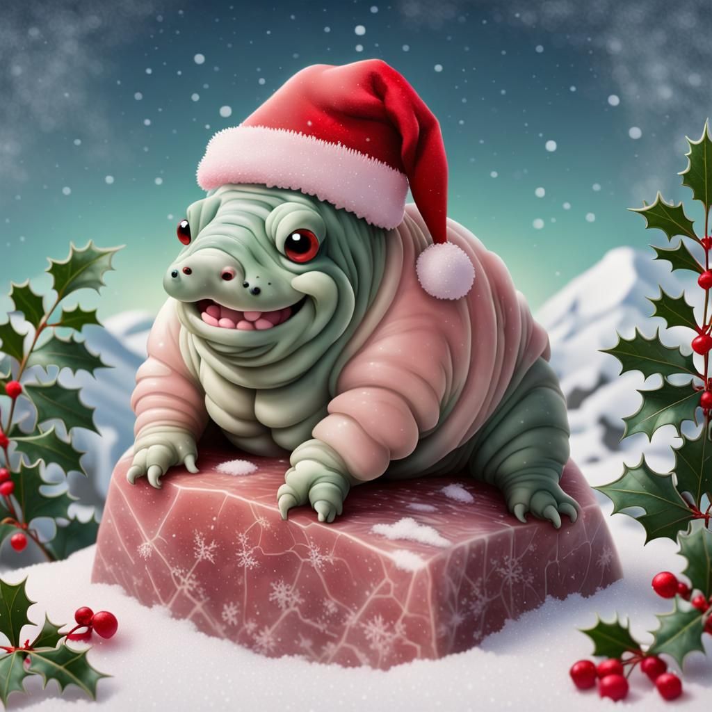 Festive Pink Tardigrade in Snowy Christmas Scene