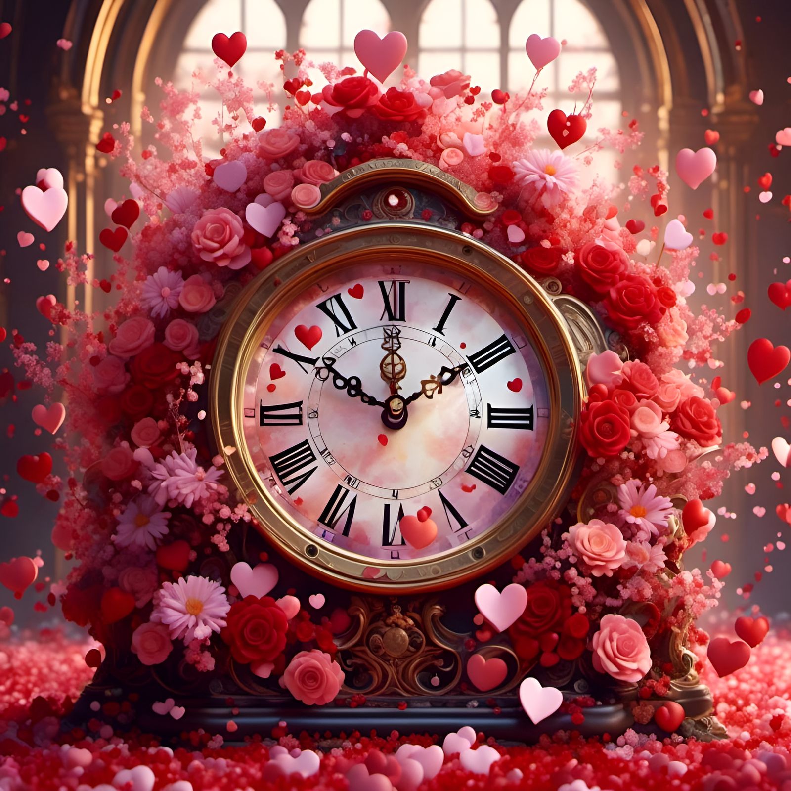 Hyperreal Clock Surrounded by Valentine's Hearts