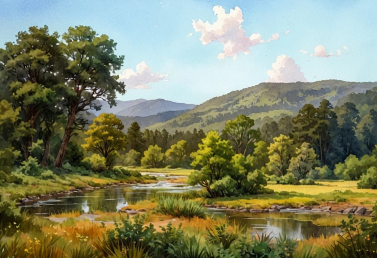 Serene River in Lush Forest: Watercolor Comic Art