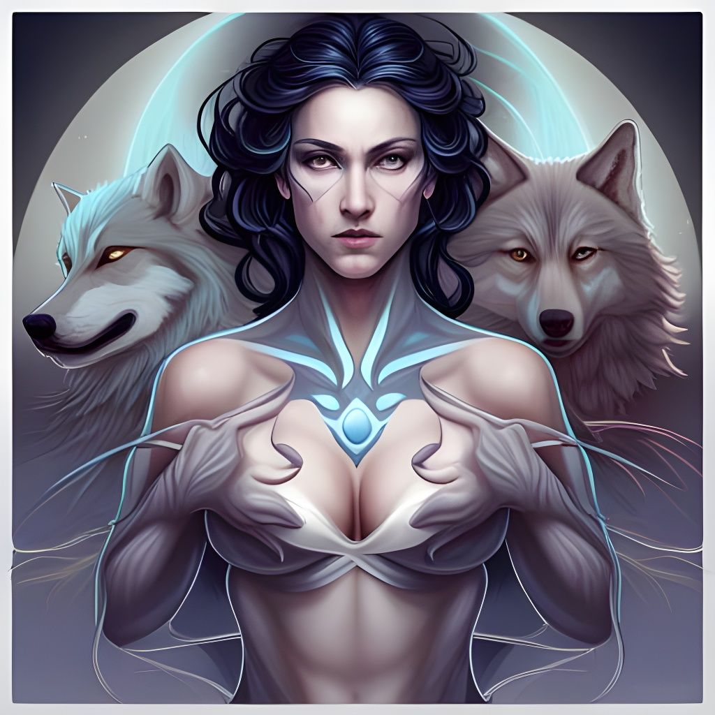 Mystical Three-Headed Woman with Wolves, Detailed Portrait