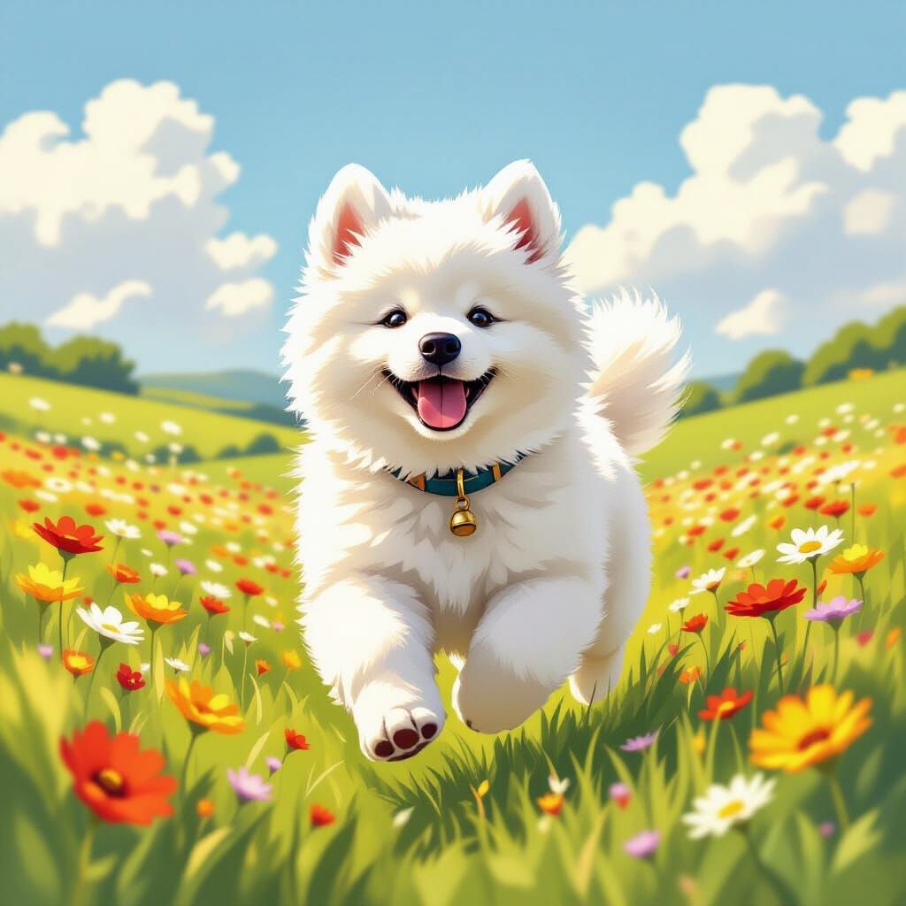 Samoyed Puppy in Wildflower Field: Watercolor Painting